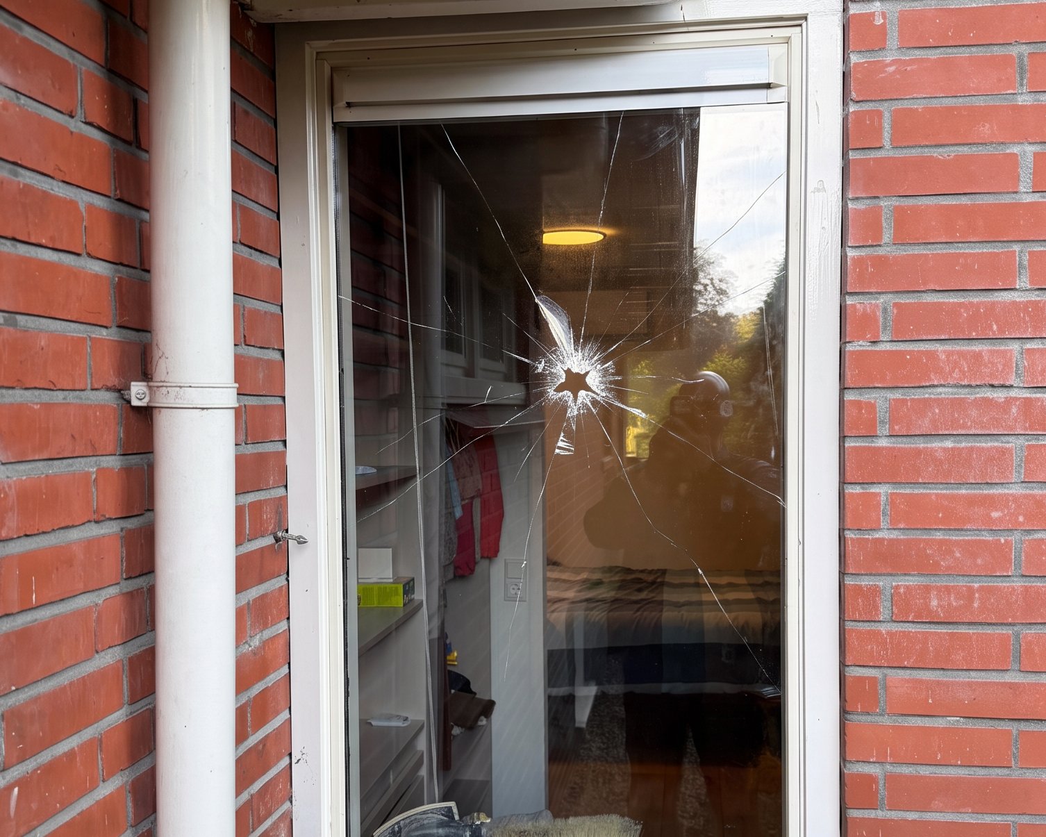 Illustratie van ruitschade: bewerkte foto van een gebarsten ruit in een wit kozijn