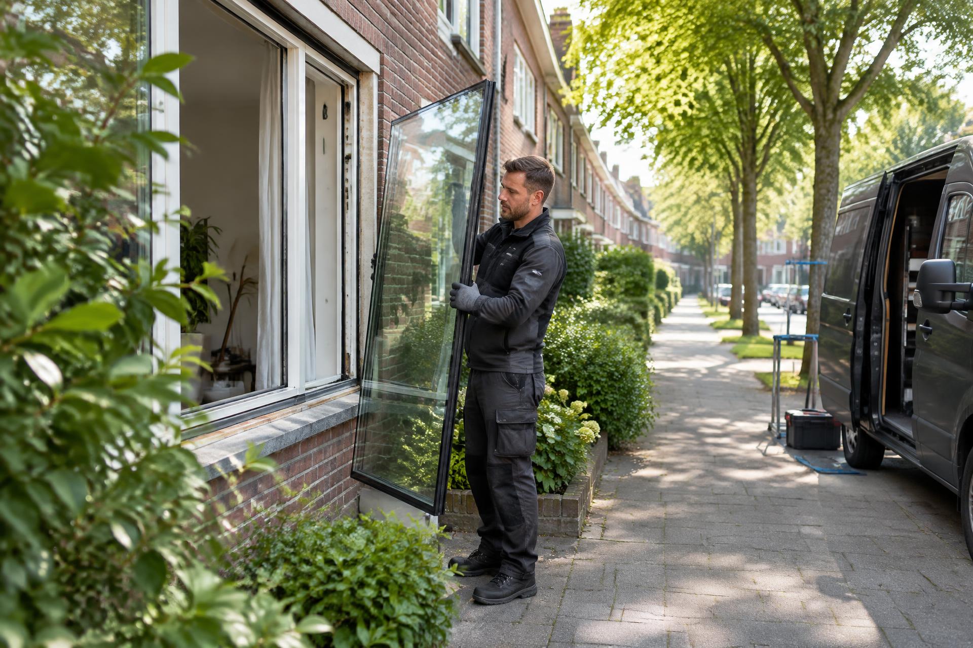 Glaszetter plaatst een nieuwe ruit in een bestaand kozijn